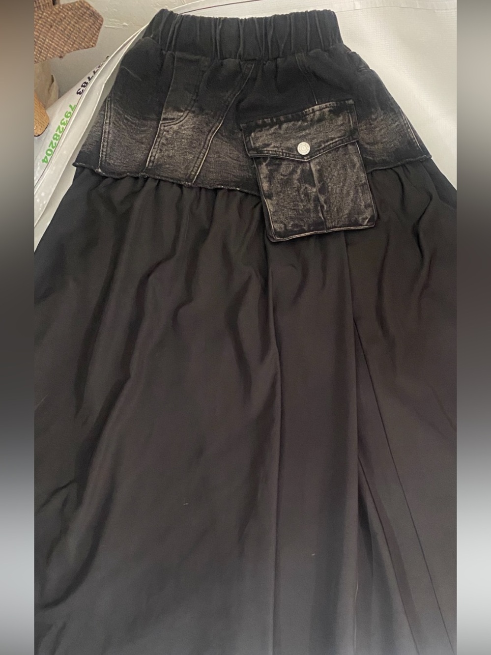 Black Maxi Skirt with Textured Waist and Pocket
